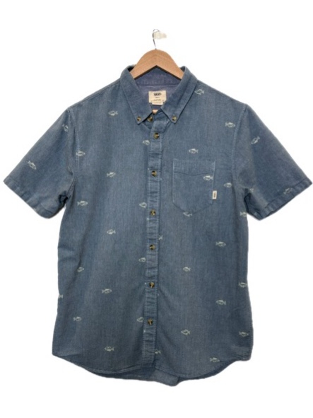 Vans Fish Print Short Sleeve Button Down Shirt Mens Size Small Classic Fit Blue